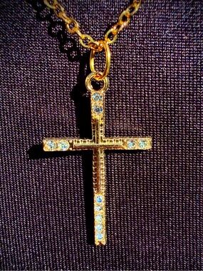 Handmade Gold Crystal Cross Necklace - Sparkling Double Cross Pendant & Chain